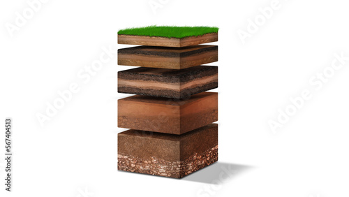 Isometric Soil Layers diagram, Cross section of green grass and underground soil layers beneath, stratum of organic, minerals, sand, clay, Isometric soil layers isolated on white