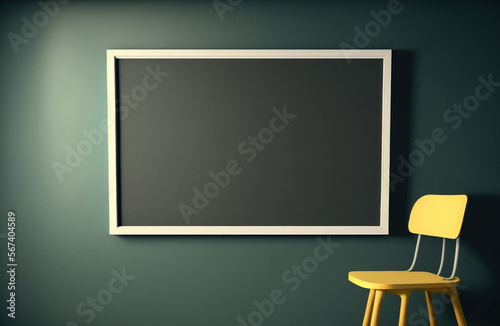 Blank blackboard on color wall in empty class room. Generative AI