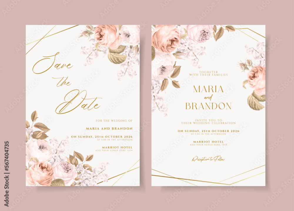 Boho wedding invitation template set with dried floral and leaves decoration