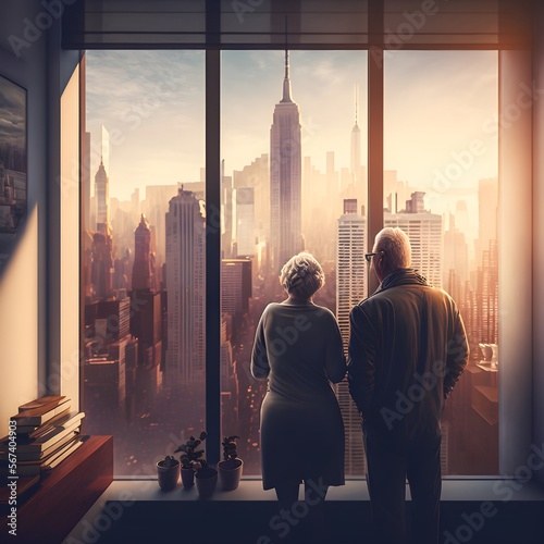 Couple viewing the New York skyline from a vantage point. Generative AI illustrations