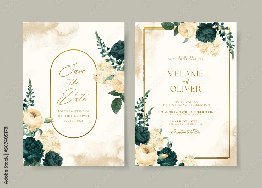 Wedding invitation template set with emerald green floral and leaves ...