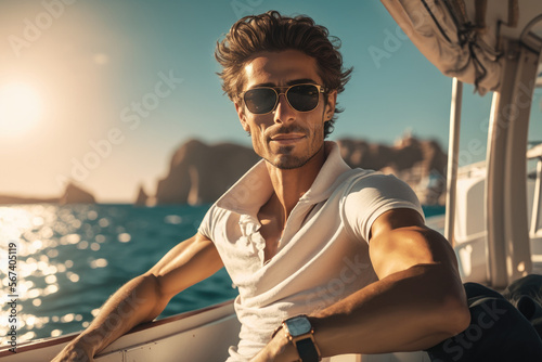 Man on vacation riding a luxury yacht in the summertime sun