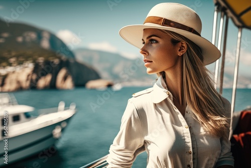 Attractive woman on a yacht on the Italian coast dressed in stylish tourist attire