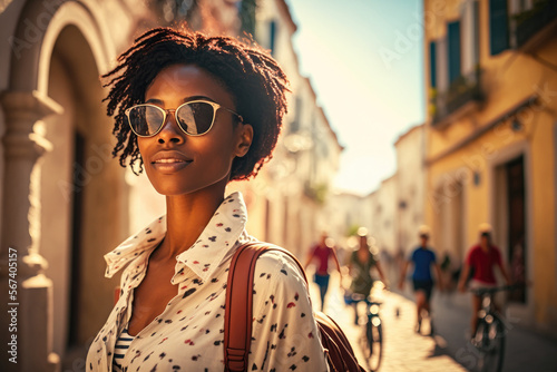 Diverse happy woman on her holiday in a hot European city in the Mediterranean 
