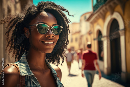 Diverse happy woman on her holiday in a hot European city in the Mediterranean 