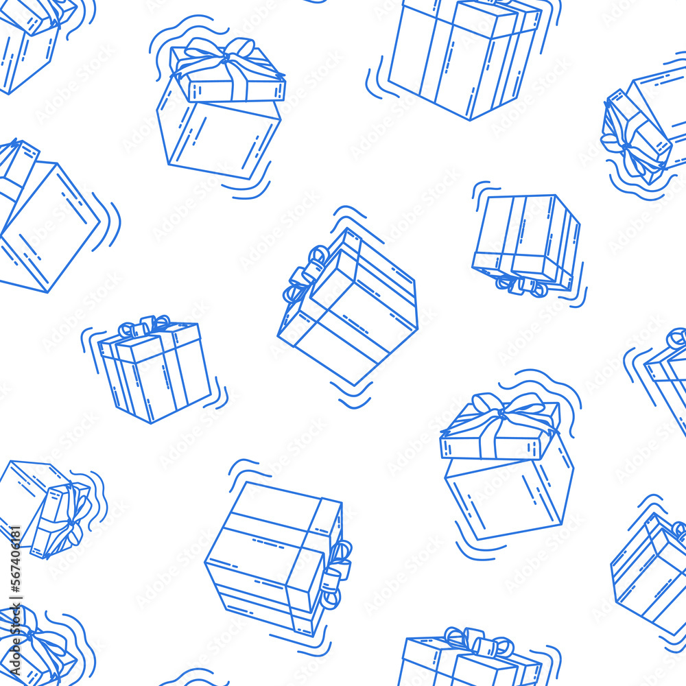 doodle seamless pattern with open and closed gift box with bows. Vector background for a store, promotion on a black background with white lines doodle seamless pattern with open and closed gift box with bows. Vector background for a store, promotion on a black background with white lines