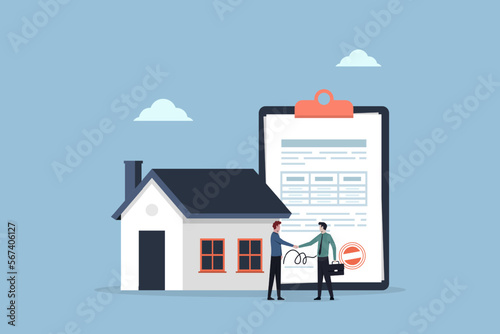 Agent and client shaking hands after signed document and done business deal for transfer right of property, house selling or buying idea