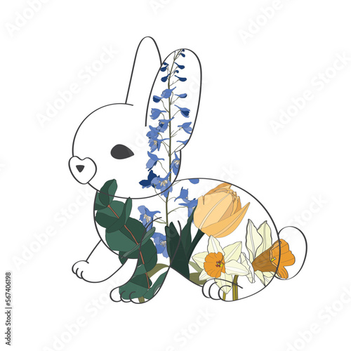 Happy Easter banner, greeting cards, posters, holiday covers. Trendy design with typography, hand painted flowers and bunny. Modern art minimalist style.