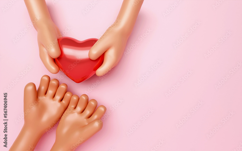 Red heart in hand. cartoon arm holding gesture. hand give red heart. Realistic illustration of donation love or charity for appreciation social media on pink background. 3d rendering illustration