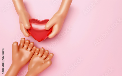 Red heart in hand. cartoon arm holding gesture. hand give red heart. Realistic illustration of donation love or charity for appreciation social media on pink background. 3d rendering illustration