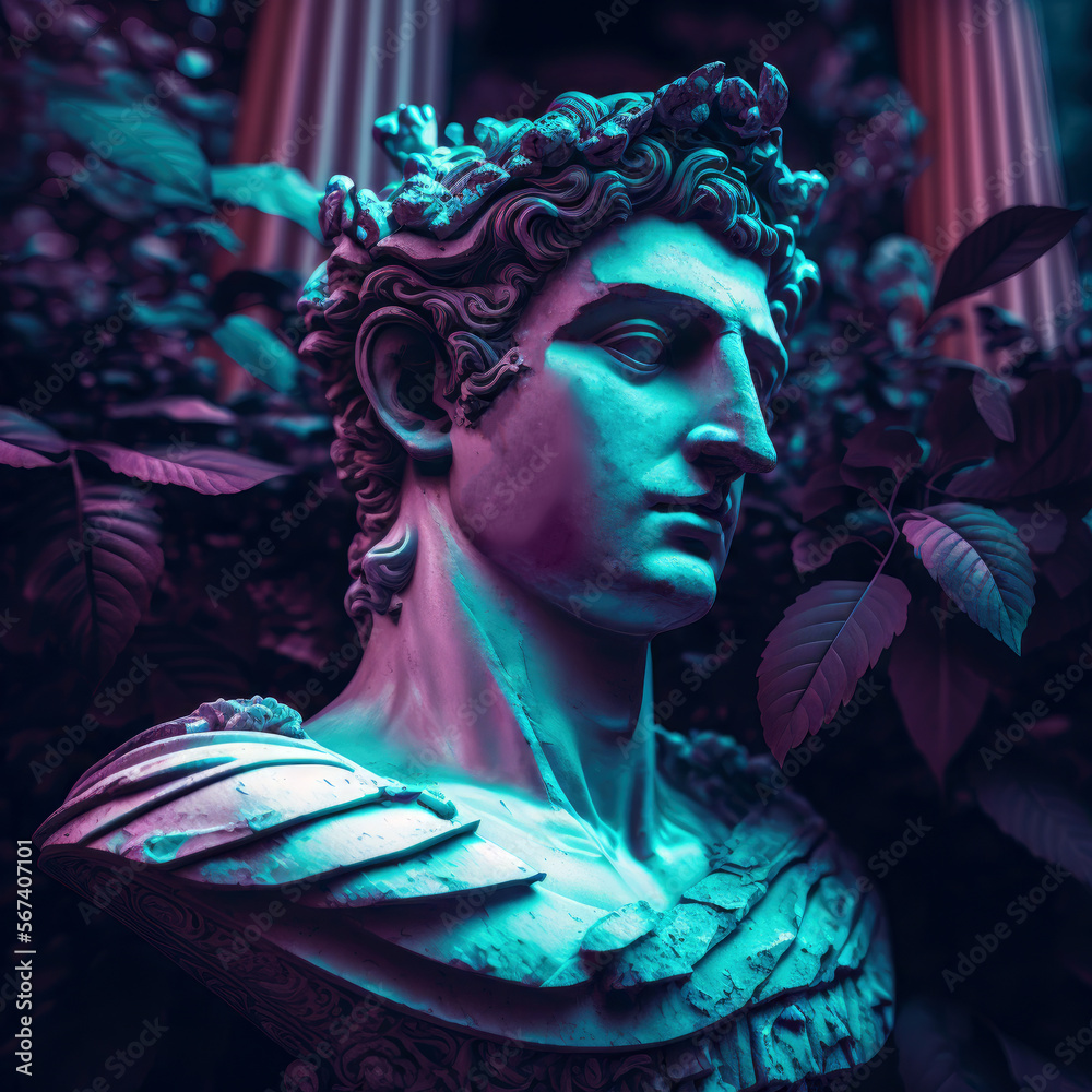 Ancient Statue Head Creative Concept Colorful Neon Image With Ancient