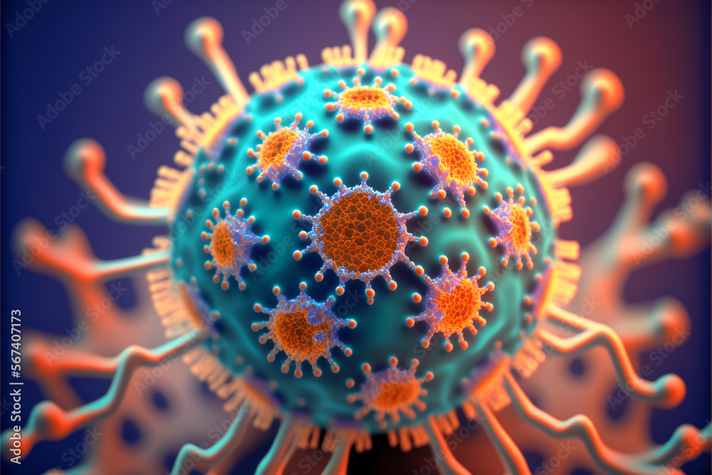 A close-up of a colorful round virus with legs around its perimeter. Generative AI A close-up of a colorful round virus with legs around its perimeter. Generative AI