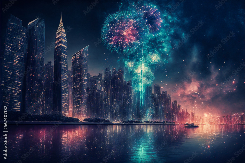 A stunning display of fireworks exploding over towering skyscrapers, viewed from the ocean's edge. Generative AI