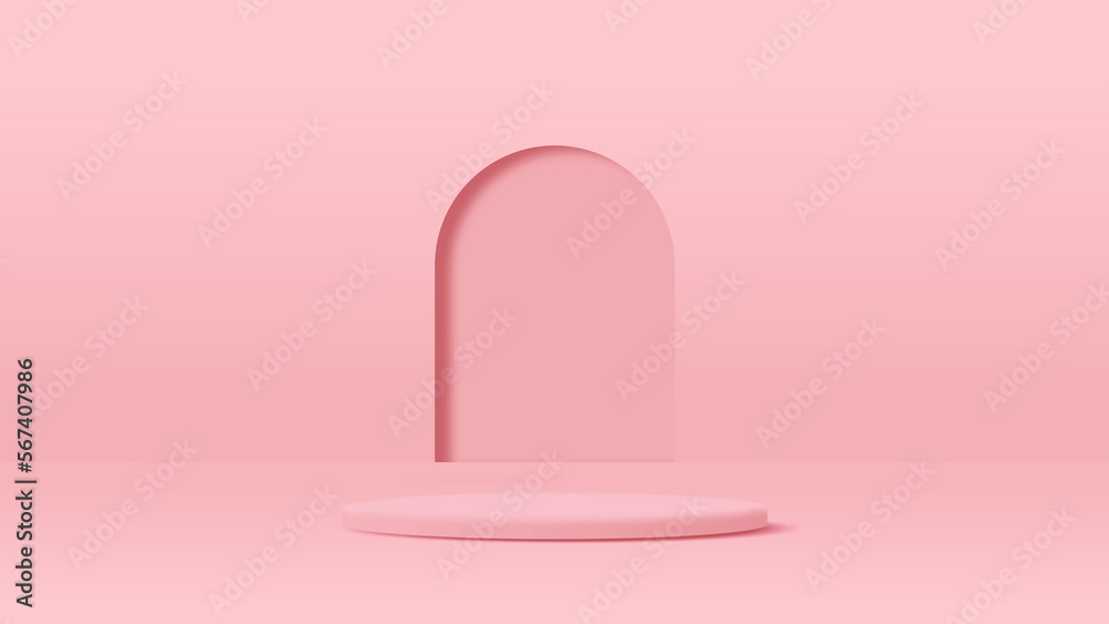 Pink round pedestal podium that rounded edges and white gate or door background.Love valentines day concept.For place goods,cosmetic,design fashion,food,drink or technical tool.3D illustration.