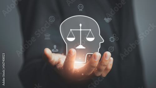 Business ethics Behavior and manners concept.  Businessman hold Ethics inside human mind integrity and moral symbols Company ethics culture, ESG.