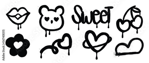 Set of spray paint valentine element vector. Hand drawn graffiti texture style collection of heart shape, kiss, mouth, bear, flower, cherry. Design for print, cartoon, card, decoration, sticker.