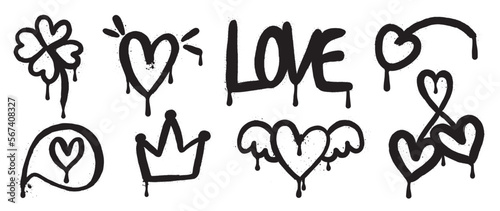 Set of spray paint valentine element vector. Hand drawn graffiti texture style collection of heart  clover  crown  flying heart  calligraphy. Design for print  cartoon  card  decoration  sticker.