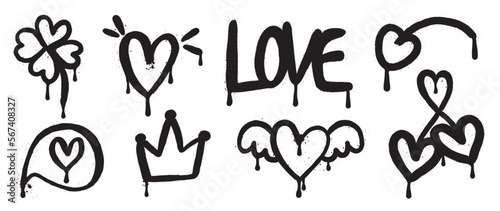 Set of spray paint valentine element vector. Hand drawn graffiti texture style collection of heart, clover, crown, flying heart, calligraphy. Design for print, cartoon, card, decoration, sticker.