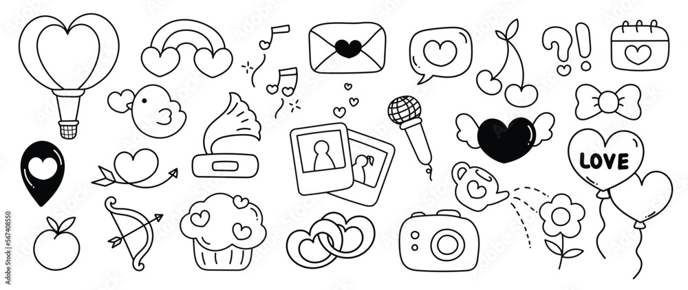 Fototapeta premium Set of valentine doodle element vector. Hand drawn doodle style collection of heart shape, bird, rainbow, letter, microphone, camera, cake, bow. Design for print, cartoon, card, decoration, sticker.