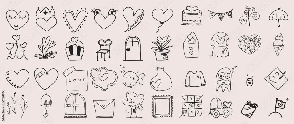 Set of valentine doodle element vector. Hand drawn doodle style collection of comic heart shape, balloon, flower, potion, letter, chair, fish. Design for print, cartoon, card, decoration, sticker. Set of valentine doodle element vector. Hand drawn doodle style collection of comic heart shape, balloon, flower, potion, letter, chair, fish. Design for print, cartoon, card, decoration, sticker.