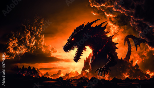 Dragon Breathing Fire, fiery orange sunset. Mythology Dragon Creature Dark Fantasy silhouette. 2024 year of the dragon. illustration Ideas Created with Generative Ai
