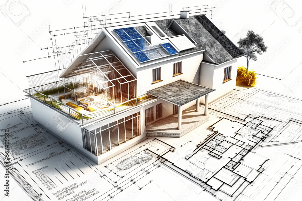 building project plan blueprint of a modern house. Designed using generative ai - obrazy, fototapety, plakaty 