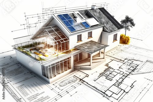 building project plan blueprint of a modern house. Designed using generative ai © XtravaganT