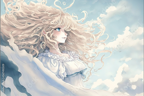 an anime manga girl complete in white with clouds around her  generative ai technology