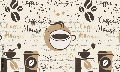 Hand Drawn Coffee Seamless Pattern with Lettering Vector Background
