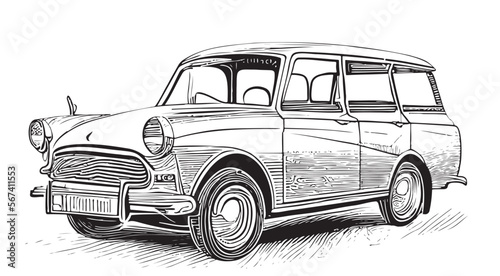 Retro car hand drawn sketch illustration