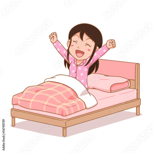 Cartoon character of girl wake up on bed.