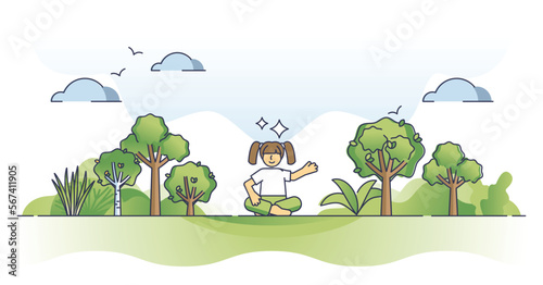 Sustainable living and ecological lifestyle for nature care outline concept. Kid or children with harmonic life in future green environmental ecosystem vector illustration. Planet climate protection.