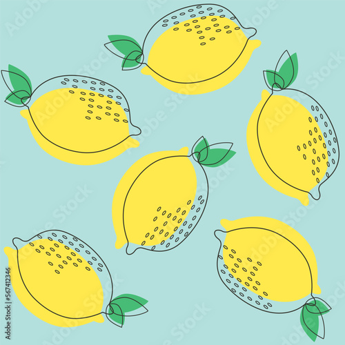 Seamless image of ripe yellow lemons on a delicate bluish background. Use for designing a website and an application for online products, restaurant menus, printing on food packaging, and textiles.