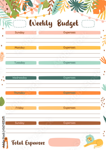 Weekly budget planner template for print. Week plan printable design for home budget, worksheet A4 size. Vector illustration. Bright tropical jungle frame, cute lion.
