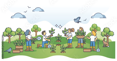 Fototapeta Naklejka Na Ścianę i Meble -  Reforestation project and tree plant environmental volunteers outline concept. Work with organic seedling and forest cultivation for sustainable and nature friendly environment vector illustration.