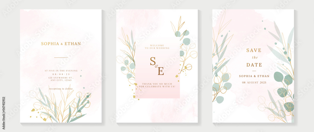 Luxury wedding invitation card background vector. Elegant watercolor floral leaf branch and gold line art texture template background. Design illustration for wedding and vip cover template, banner.