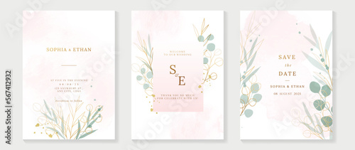 Luxury wedding invitation card background vector. Elegant watercolor floral leaf branch and gold line art texture template background. Design illustration for wedding and vip cover template, banner.