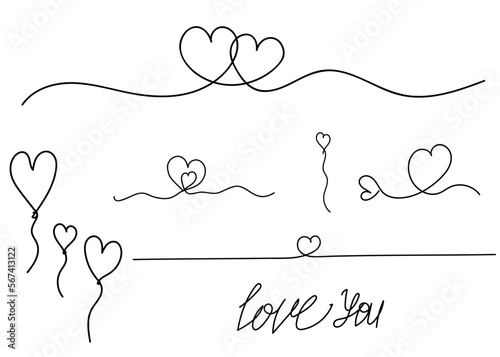 Two Hearts Continuous Set Line Drawing. Hearts Couple Trendy Minimalist Illustration. One Line Abstract Drawing. Love Minimalist Contour Art. Vector EPS 10.