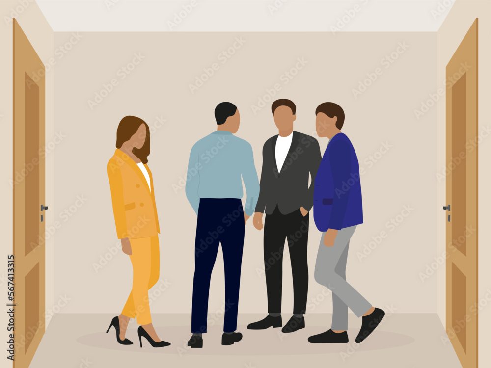 Three men and one woman in business suits are talking in a room with two closed doors Three men and one woman in business suits are talking in a room with two closed doors