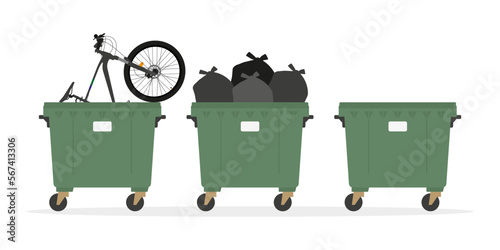 Three garbage containers on a white background, one of which is empty, the second with a bicycle and the third with garbage bags