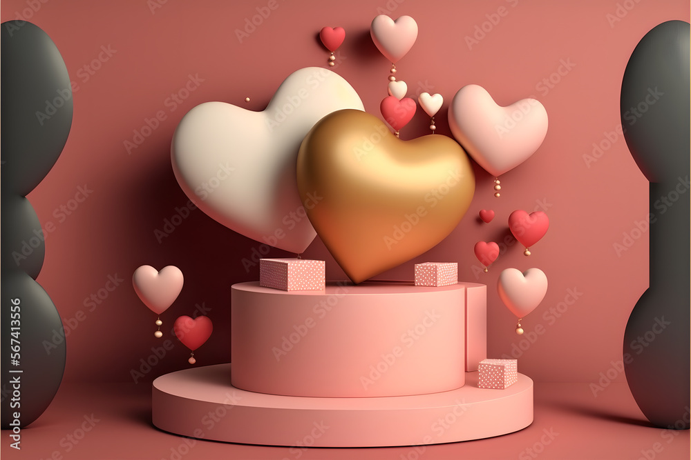 Happy valentines day podium decoration with heart shape balloon, gift box, confetti, 3D rendering illustration made with Generative AI technology