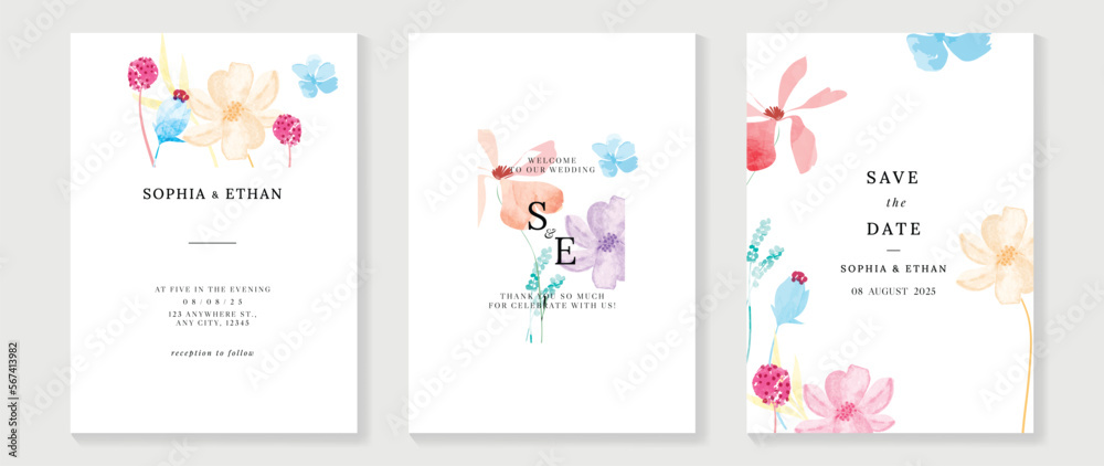 Luxury wedding invitation card background vector. Elegant hand painted watercolor botanical flowers texture template background. Design illustration for wedding and vip cover template, banner, poster. - obrazy, fototapety, plakaty 