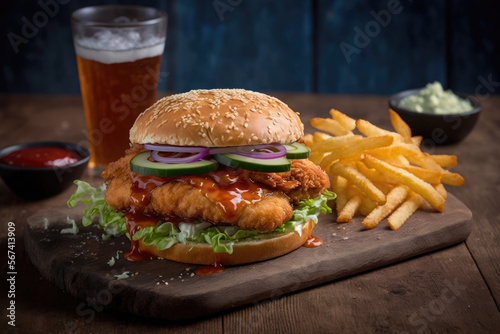 Crispy chiken burger with vegetables and sauce accompanied by fries and soft drink on rustic wooden table. Ai generative