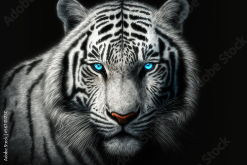 Beautiful white tiger with sapphire eyes up close against a shadowy background. Generative AI