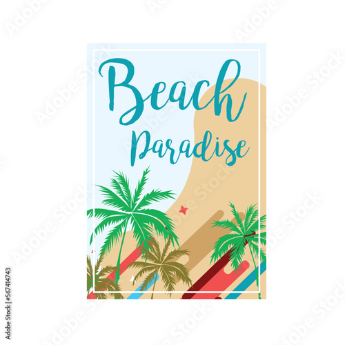 Beach Paradise Palm tree background summer banner greeting card sticker t shirt print vector design