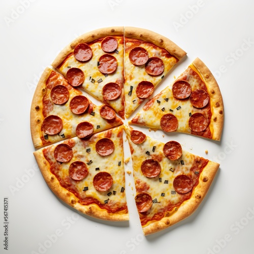 Top view delicious pepperoni pizza on white background