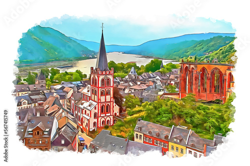 Bacharach, a small town in Rhine valley in Rhineland-Palatinate, Germany, ink sketch illustration.