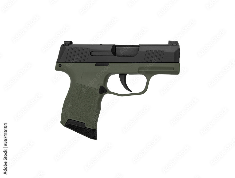 Modern semi-automatic pistol isolate on a white background. Armament for the army and police. Short-barreled weapon Modern semi-automatic pistol isolate on a white background. Armament for the army and police. Short-barreled weapon