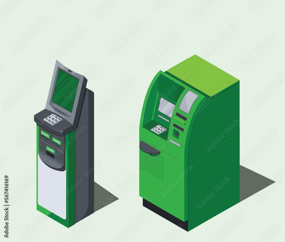 Vector illustration of banking technology. Terminal and ATM in bright green colors. Vector illustration of banking technology. Terminal and ATM in bright green colors.