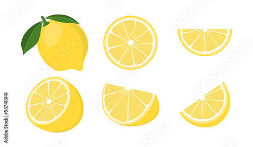 Fresh lemon fruits. Collection of lemone vector icons isolated on white background.